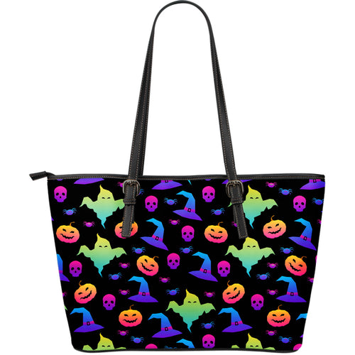 Colorful Halloween Background Large Leather Tote Bag
