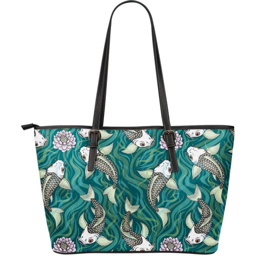 Koi Fish Carp Fish Lotus Pattern Large Leather Tote Bag