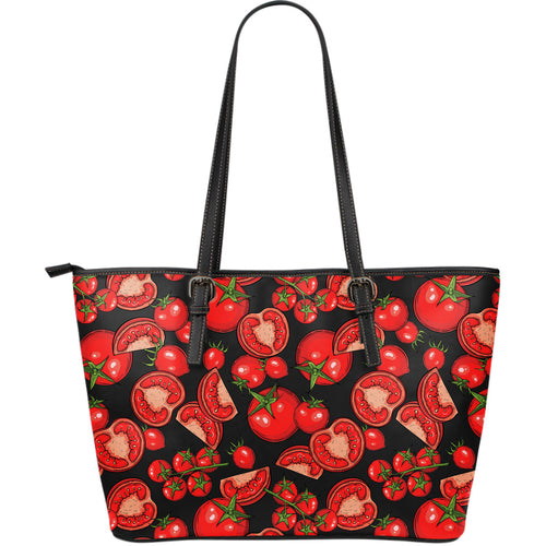 Tomato Black Background Large Leather Tote Bag