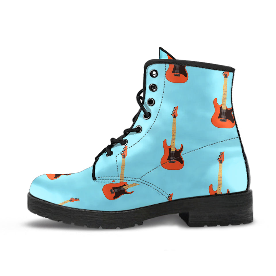 Electric Guitar Pattern Light Blue Background Leather Boots