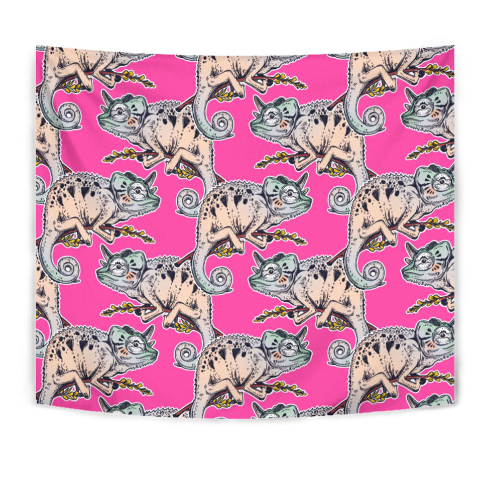 Chameleon Lizard Pattern Pink Background Wall Tapestry