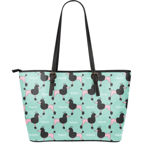 Poodle Dog Green Background Large Leather Tote Bag