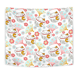 Maneki Neko Lucky Cat Fan Sakura Wall Tapestry