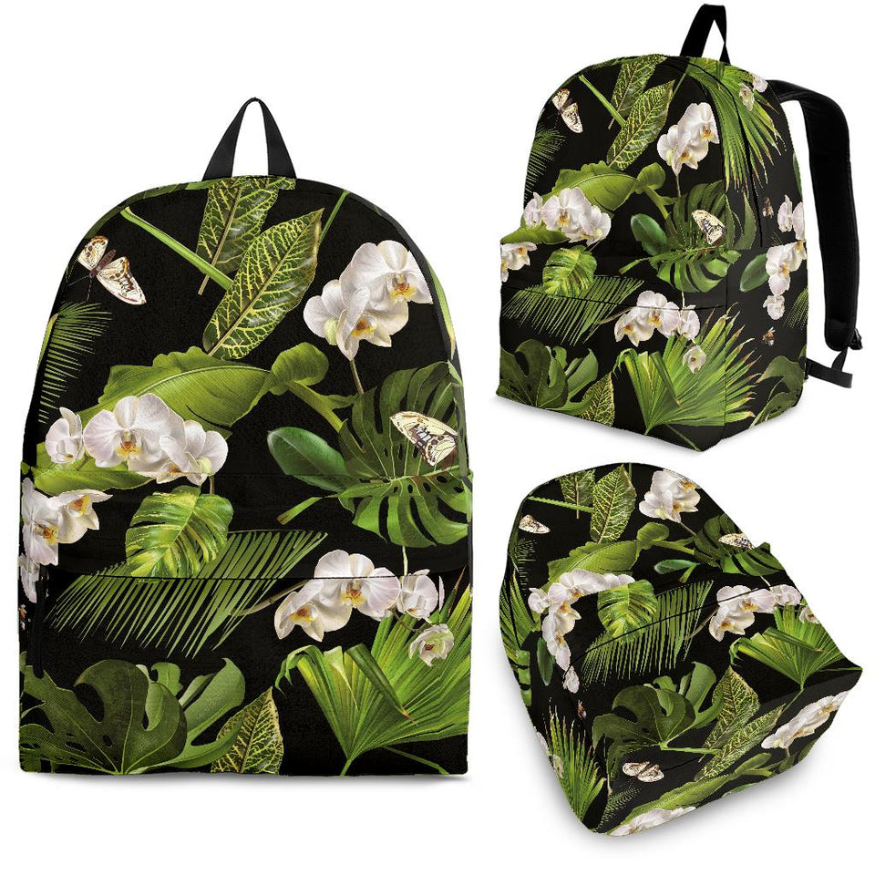 White Orchid Flower Tropical Leaves Pattern Blackground Backpack