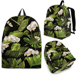 White Orchid Flower Tropical Leaves Pattern Blackground Backpack