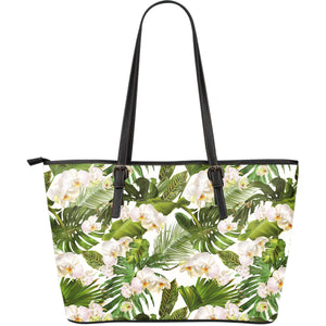 White Orchid Flower Tropical Leaves Pattern Large Leather Tote Bag
