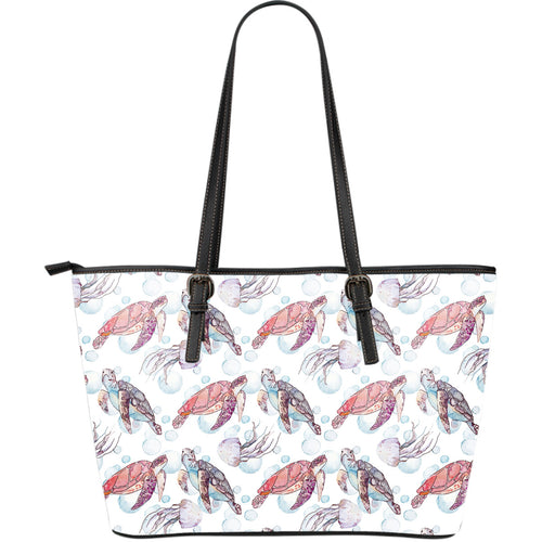 Watercolor Sea Turtle Jellyfish Pattern Large Leather Tote Bag