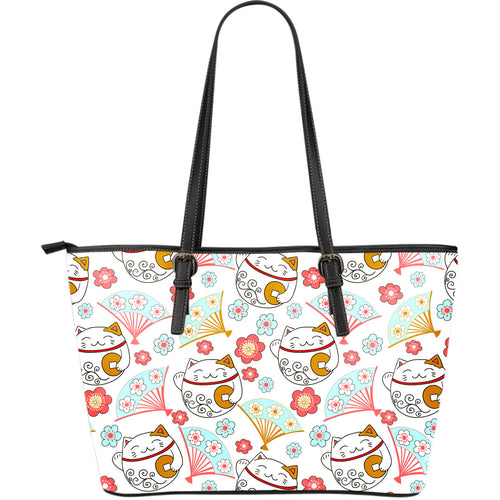 Maneki Neko Lucky Cat Fan Sakura Large Leather Tote Bag