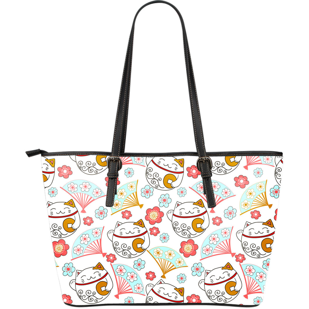 Maneki Neko Lucky Cat Fan Sakura Large Leather Tote Bag