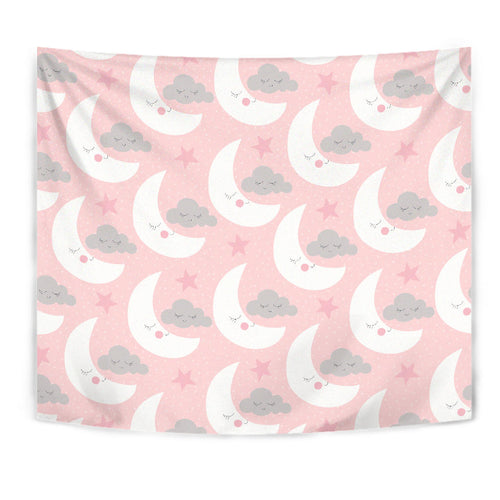 Cute Moon Cloud Star Pattern Pink Dot Background Wall Tapestry