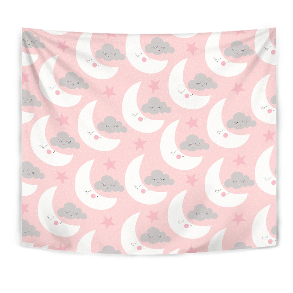Cute Moon Cloud Star Pattern Pink Dot Background Wall Tapestry