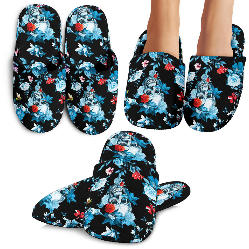 Skull Flower Roses Leave Pattern Slippers