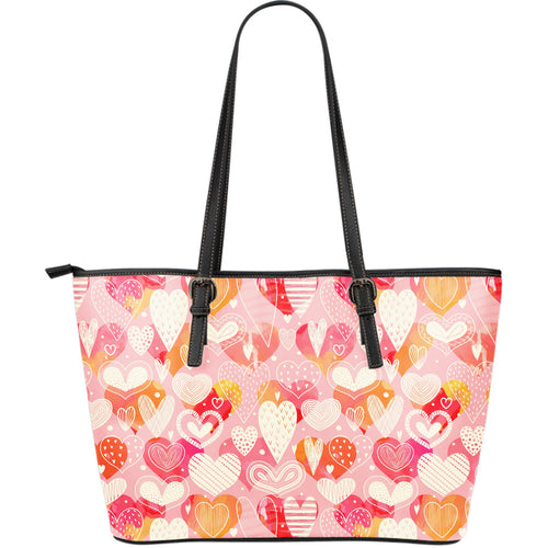 Hand Drawn Heart Design Pattern Large Leather Tote Bag