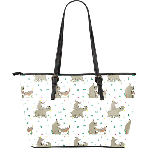 Cute Rhino Pattern Background Large Leather Tote Bag