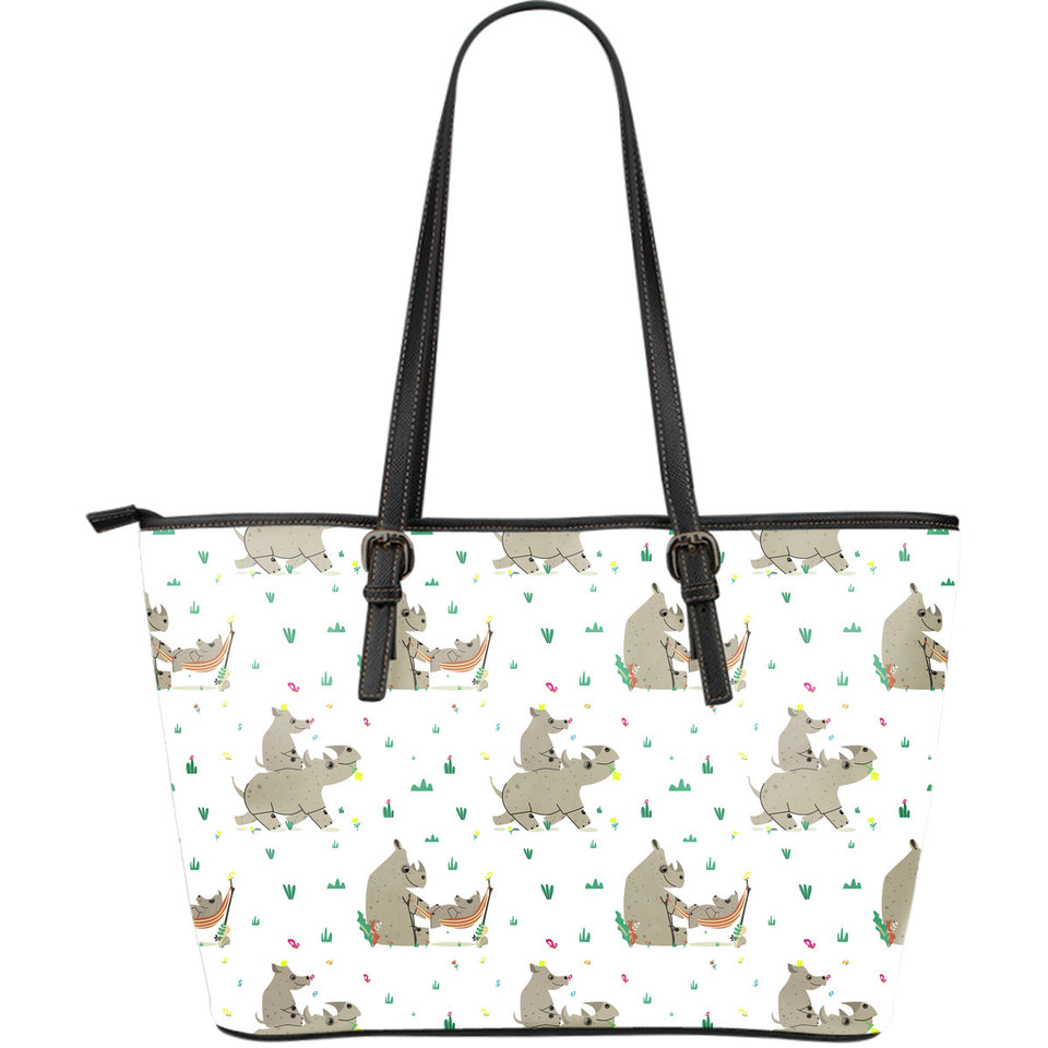 Cute Rhino Pattern Background Large Leather Tote Bag