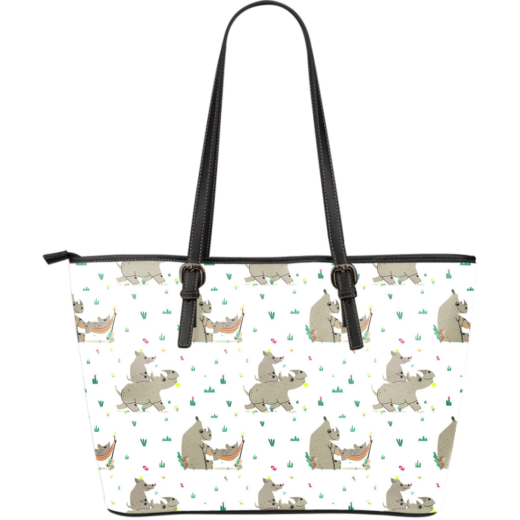Cute Rhino Pattern Background Large Leather Tote Bag