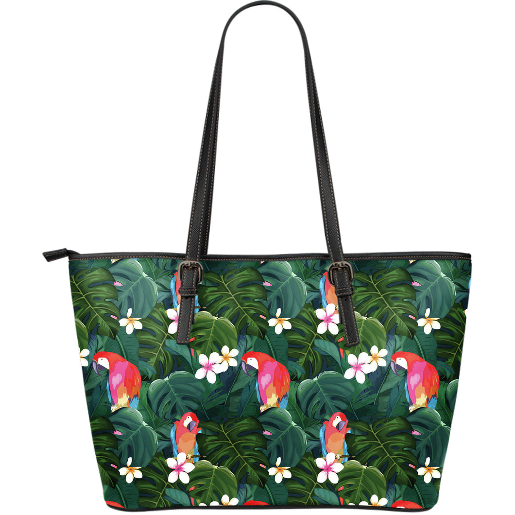 Parrot Palm Tree Leaves Flower Hibiscus Pattern Large Leather Tote Bag