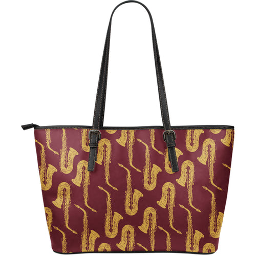 Hand Drawn Gold Saxophone Red Background  Large Leather Tote Bag