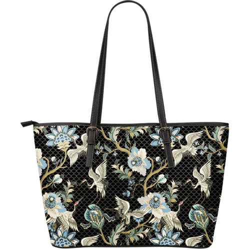 Japanese Crane Ornament Elements Large Leather Tote Bag