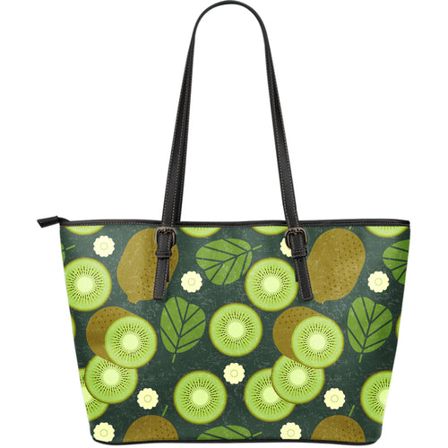 Whole Sliced Kiwi Leave And Flower Large Leather Tote Bag