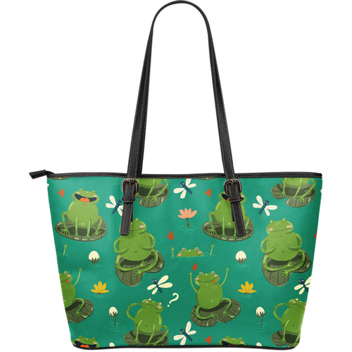 Cute Frog Dragonfly Design Pattern Large Leather Tote Bag