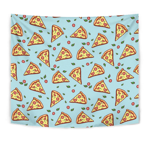 Hand Drawn Pizza Blue Background Wall Tapestry