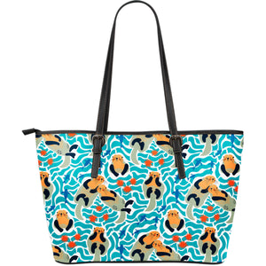 Cute Sea Otters Fishe Sea Urchin Pattern Large Leather Tote Bag