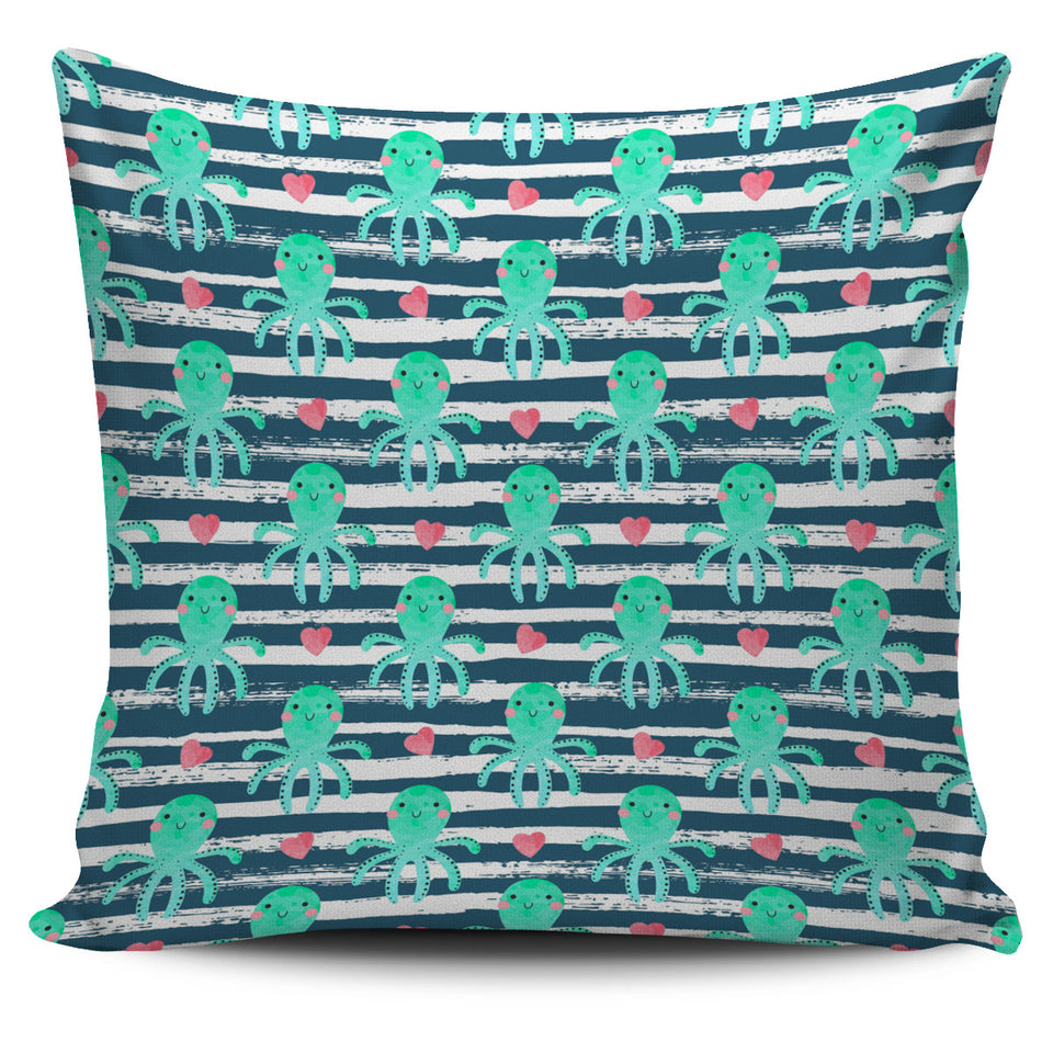 Cute Octopuses Heart Striped Background Pillow Cover