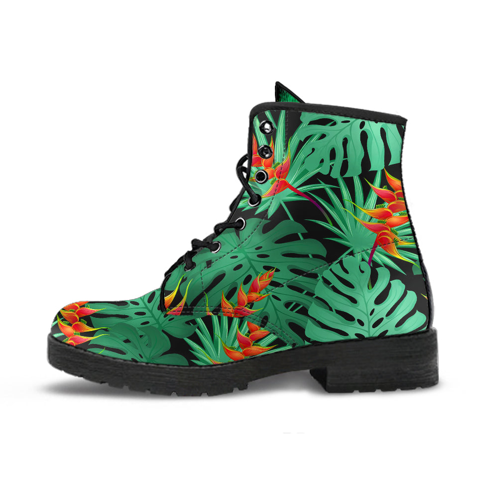 Heliconia Flower Palm Monstera Leaves Black Background Leather Boots
