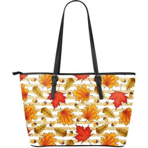 Maple Leaf Oak Leaf Acorns Beige Striped Background Large Leather Tote Bag
