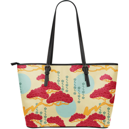 Red Bonsai Gray Sun Japanese Pattern Large Leather Tote Bag