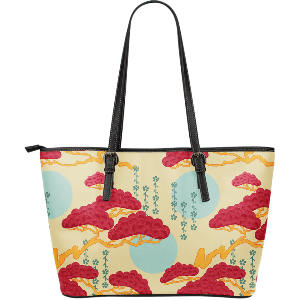 Red Bonsai Gray Sun Japanese Pattern Large Leather Tote Bag