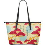 Red Bonsai Gray Sun Japanese Pattern Large Leather Tote Bag