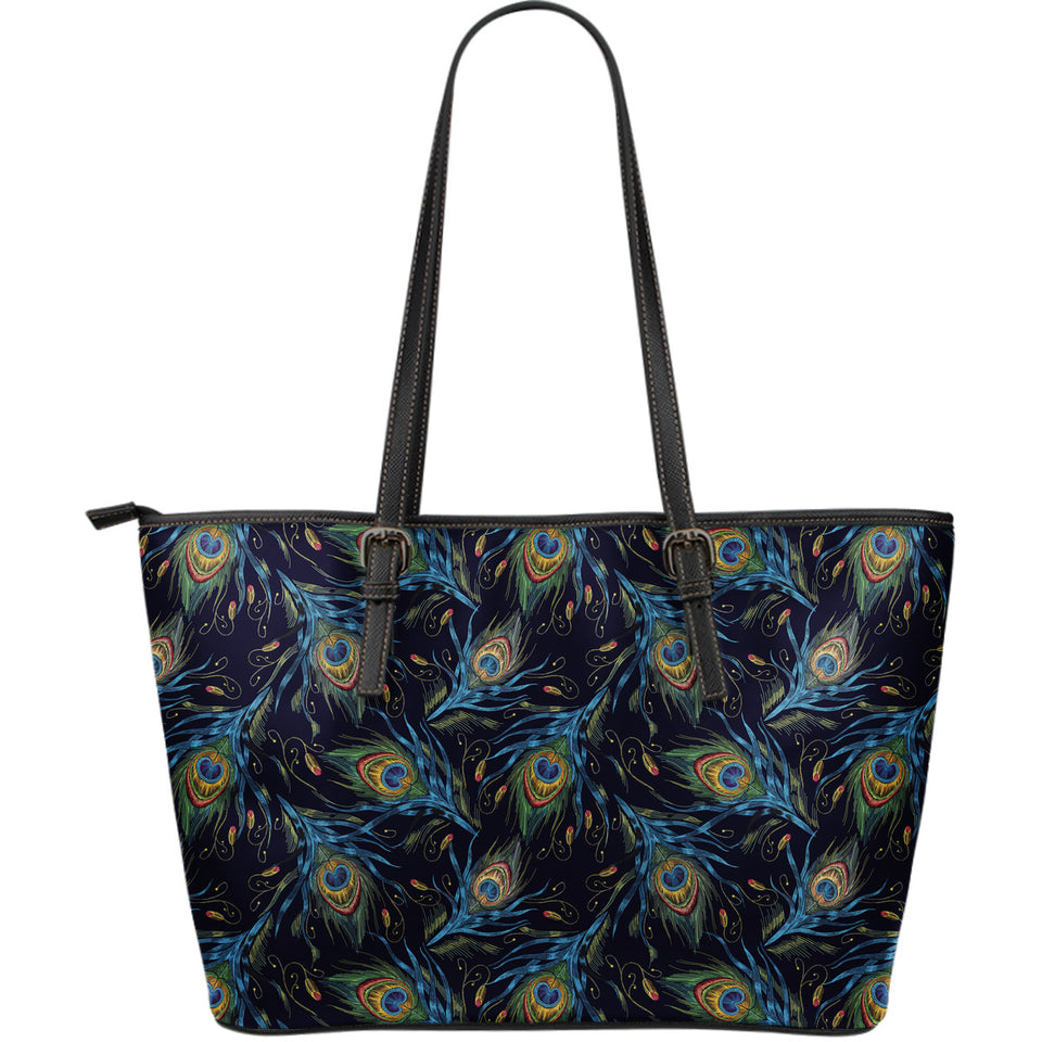 Beautiful Peacock Feather Pattern Large Leather Tote Bag