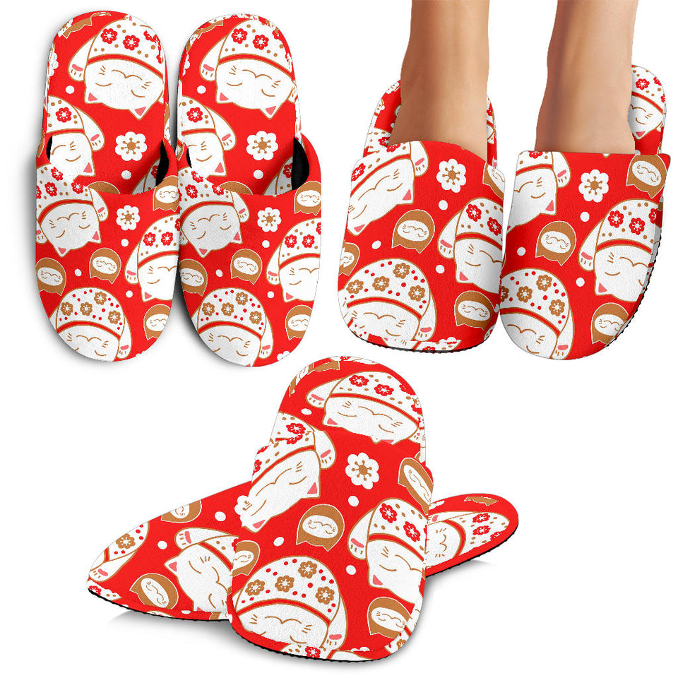 Cute Maneki Neko Lucky Cat Red Background Slippers