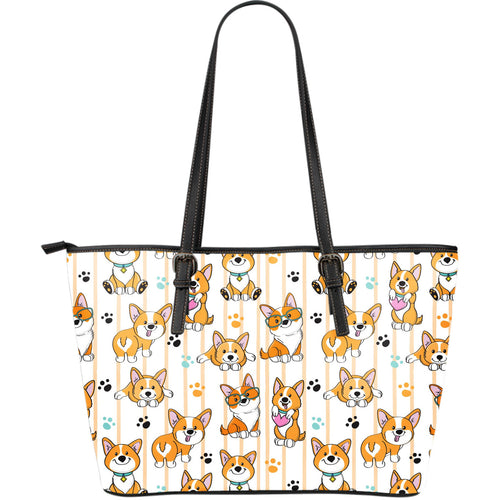 Cute Dog Corgi Striped Background Pattern Large Leather Tote Bag
