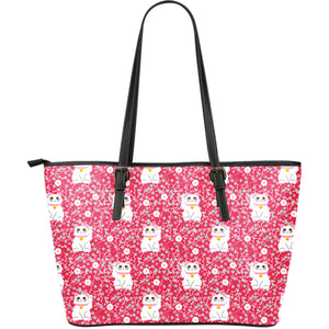 Maneki Neko Lucky Cat Sakura Pink Background Large Leather Tote Bag