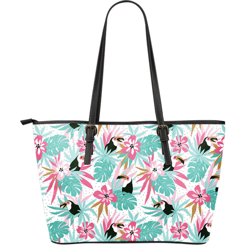 Toucan Tropical Flower Leave Pattern Large Leather Tote Bag
