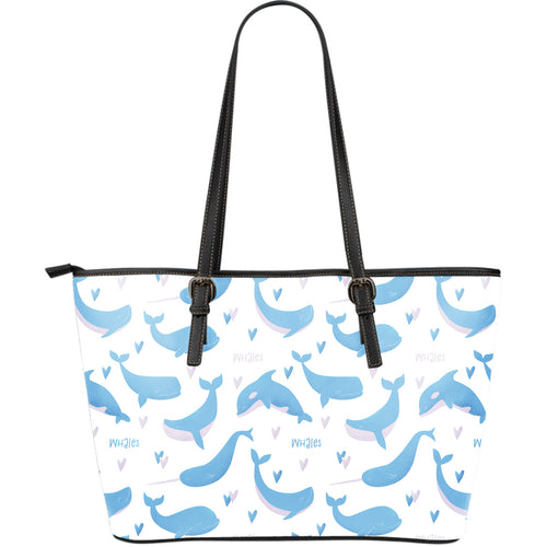 Blue Whale Pattern Large Leather Tote Bag