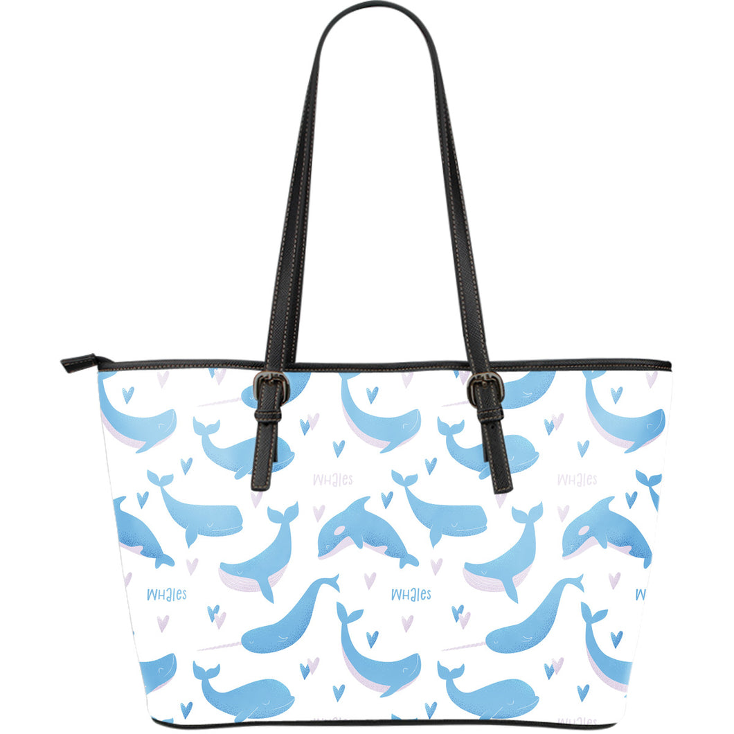 Blue Whale Pattern Large Leather Tote Bag