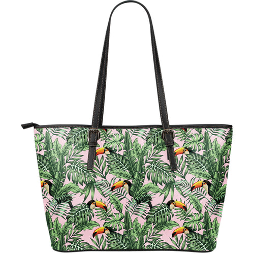 Toucan Tropical Green Jungle Palm Pattern Large Leather Tote Bag