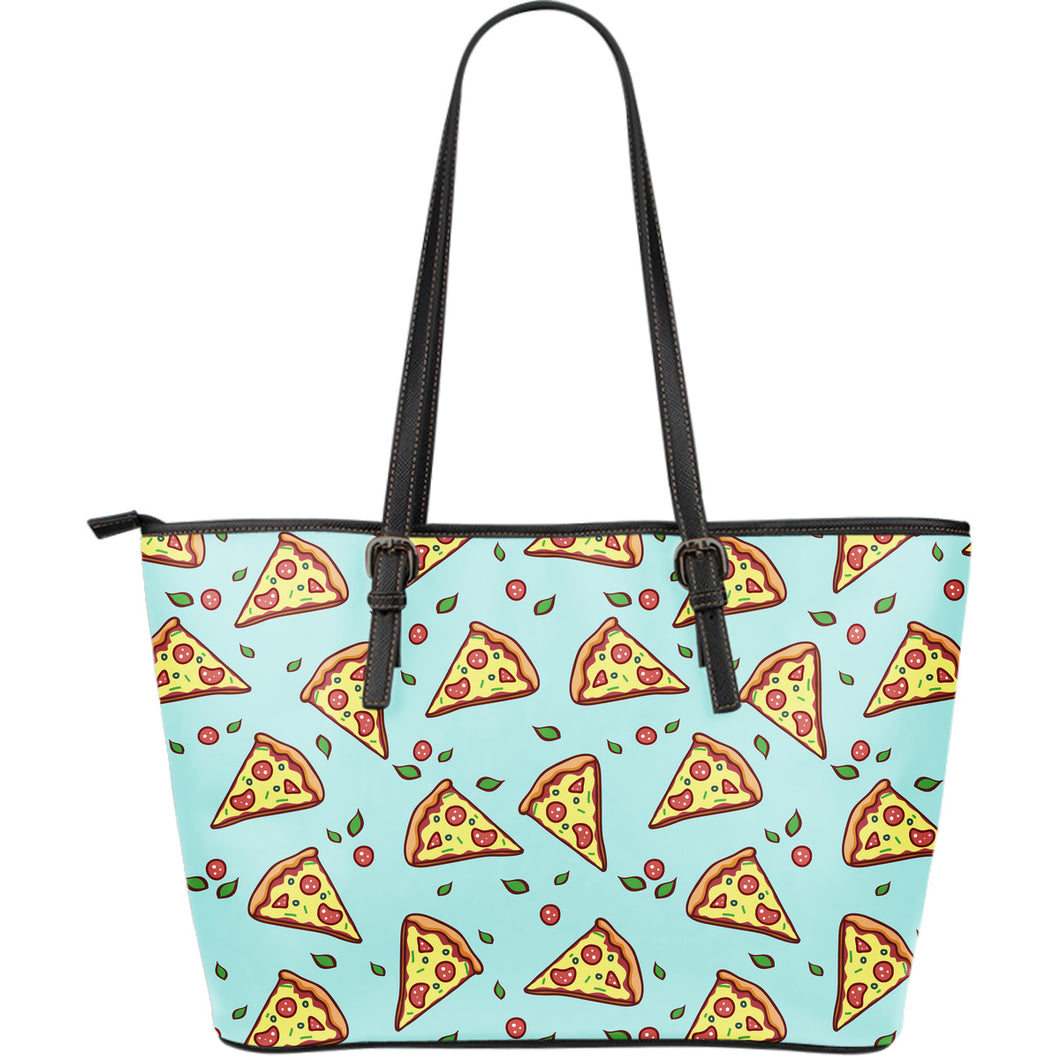 Hand Drawn Pizza Blue Background Large Leather Tote Bag