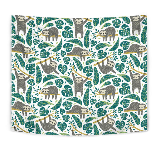 Cute Sloths Tropical Palm Leaves White Background Wall Tapestry