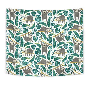 Cute Sloths Tropical Palm Leaves White Background Wall Tapestry