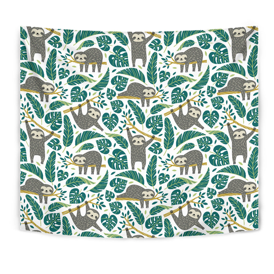 Cute Sloths Tropical Palm Leaves White Background Wall Tapestry