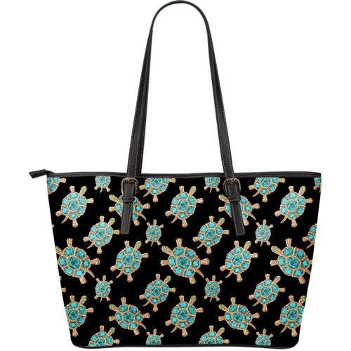 Sea Turtle Blue Stone Pattern Large Leather Tote Bag