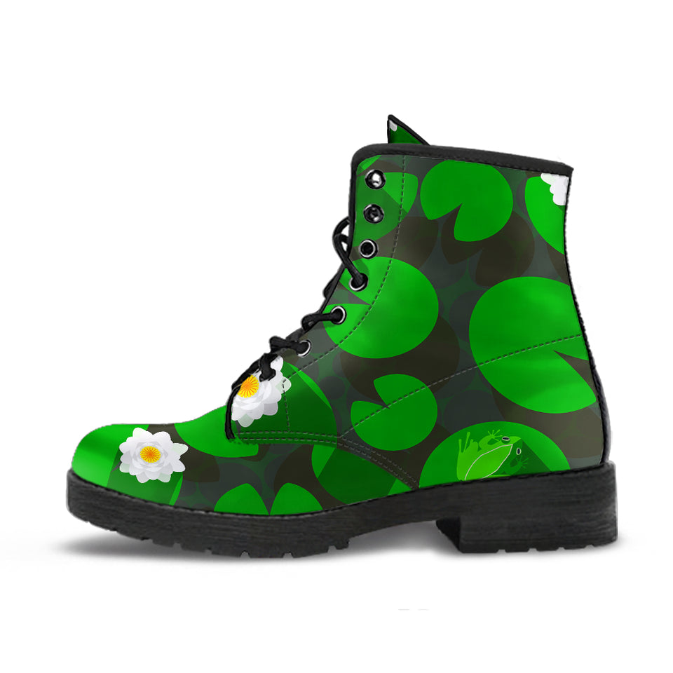 Frog Waterlily Pattern Leather Boots