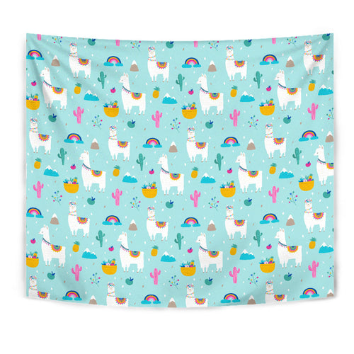 Llama Alpaca Cactus Leaves Pattern Wall Tapestry
