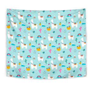 Llama Alpaca Cactus Leaves Pattern Wall Tapestry