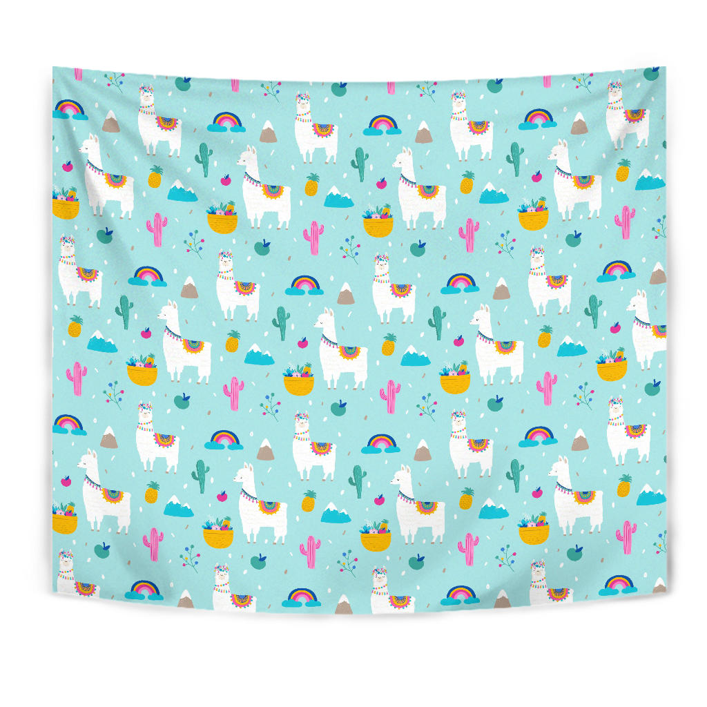 Llama Alpaca Cactus Leaves Pattern Wall Tapestry